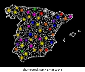 Web Mesh Vector Map Of Spain With Glare Effect On A Black Background. Abstract Lines, Light Spots And Circle Dots Form Map Of Spain Constellation.