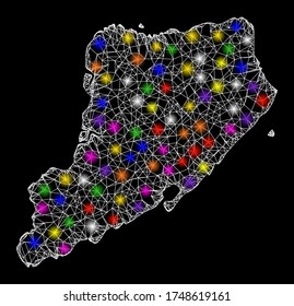 Web mesh vector map of Staten Island with glare effect on a black background. Abstract lines, light spots and spheric points form map of Staten Island constellation.