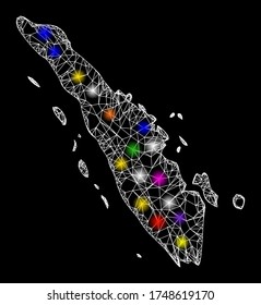 Web mesh vector map of Sumatra Island with glare effect on a black background. Abstract lines, light spots and dots form map of Sumatra Island constellation.