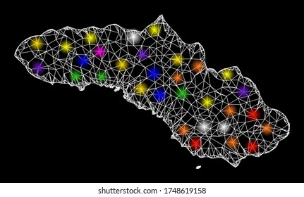 Web mesh vector map of Sumba Island with flare effect on a black background. Abstract lines, light spots and spheric points form map of Sumba Island constellation.