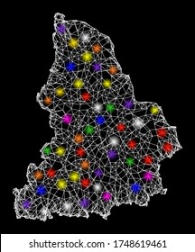 Web mesh vector map of Sverdlovsk Region with glare effect on a black background. Abstract lines, light spots and dots form map of Sverdlovsk Region constellation.