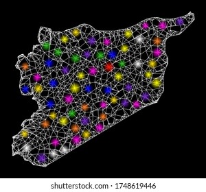 Web mesh vector map of Syria with glare effect on a black background. Abstract lines, light spots and dots form map of Syria constellation.