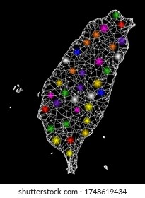 Web mesh vector map of Taiwan with glare effect on a black background. Abstract lines, light spots and circle dots form map of Taiwan constellation.