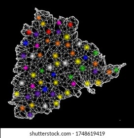 Web mesh vector map of Telangana State with glare effect on a black background. Abstract lines, light spots and points form map of Telangana State constellation.