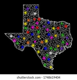 Web mesh vector map of Texas State with glare effect on a black background. Abstract lines, light spots and dots form map of Texas State constellation.