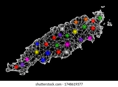 Web mesh vector map of Tobago Island with glare effect on a black background. Abstract lines, light spots and small circles form map of Tobago Island constellation.