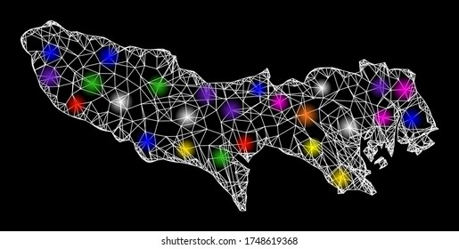 Web mesh vector map of Tokyo Prefecture with glare effect on a black background. Abstract lines, light spots and points form map of Tokyo Prefecture constellation.