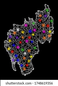 Web mesh vector map of Tripura State with glitter effect on a black background. Abstract lines, light spots and circle dots form map of Tripura State constellation.