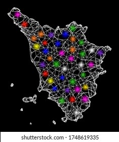 Web mesh vector map of Tuscany region with glare effect on a black background. Abstract lines, light spots and points form map of Tuscany region constellation.