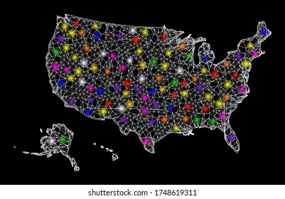 Web mesh vector map of USA territories with glare effect on a black background. Abstract lines, light spots and spheric points form map of USA territories constellation.