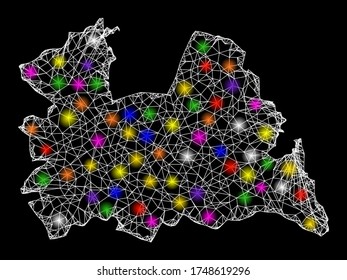 Web mesh vector map of Utrecht Province with glow effect on a black background. Abstract lines, light spots and points form map of Utrecht Province constellation.