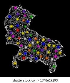 Web mesh vector map of Uttar Pradesh State with flare effect on a black background. Abstract lines, light spots and circle dots form map of Uttar Pradesh State constellation.