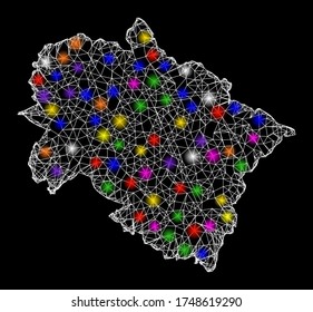 Web mesh vector map of Uttarakhand State with glare effect on a black background. Abstract lines, light spots and spheric points form map of Uttarakhand State constellation.