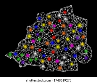 Web mesh vector map of Vatican with glitter effect on a black background. Abstract lines, light spots and spheric points form map of Vatican constellation.