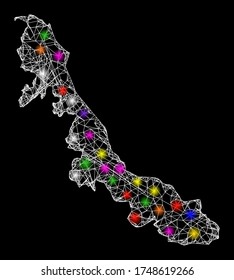 Web mesh vector map of Veracruz State with flare effect on a black background. Abstract lines, light spots and spheric points form map of Veracruz State constellation.