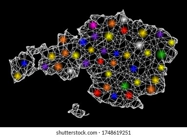 Web mesh vector map of Vizcaya Province with glare effect on a black background. Abstract lines, light spots and spheric points form map of Vizcaya Province constellation.