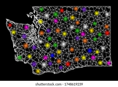 Web mesh vector map of Washington State with glare effect on a black background. Abstract lines, light spots and dots form map of Washington State constellation.