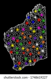 Web mesh vector map of Western Australia with glitter effect on a black background. Abstract lines, light spots and spheric points form map of Western Australia constellation.