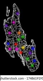 Web mesh vector map of Zanzibar Island with glare effect on a black background. Abstract lines, light spots and dots form map of Zanzibar Island constellation.