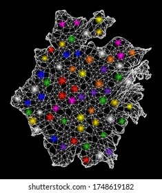 Web mesh vector map of Zhejiang Province with glare effect on a black background. Abstract lines, light spots and small circles form map of Zhejiang Province constellation.