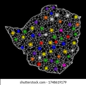 Web mesh vector map of Zimbabwe with glare effect on a black background. Abstract lines, light spots and circle dots form map of Zimbabwe constellation.