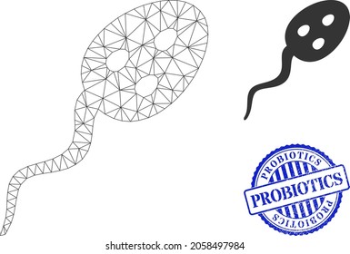 Web mesh vibrion microbe vector icon, and blue round PROBIOTICS unclean watermark. PROBIOTICS watermark uses round shape and blue color. Flat 2d carcass created from vibrion microbe icon.