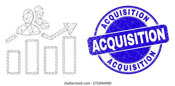 Web mesh visitors bar chart pictogram and Acquisition watermark. Blue vector round grunge seal stamp with Acquisition title.