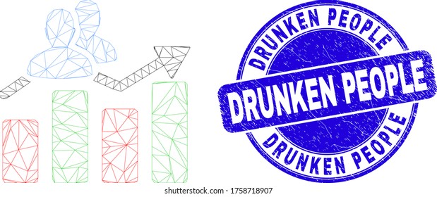 Web-Mesh-Besucher Balkendiagramm und Drunken People versiegeln. Blauer, abgerundeter, kratzter Robbenstempel mit Drunken People-Bildunterschrift.