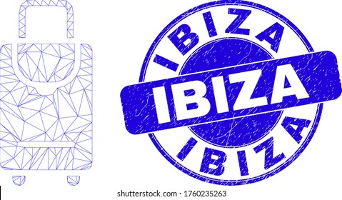 Web mesh voyage luggage pictogram and Ibiza seal. Blue vector rounded scratched seal with Ibiza title. Abstract frame mesh polygonal model created from voyage luggage icon.