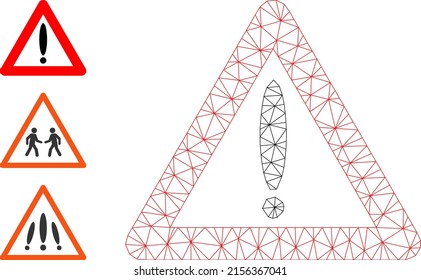 Web mesh warning sign vector icon, and other icons. Flat 2d carcass created from warning sign pictogram. Abstract frame mesh polygonal warning sign. Net frame 2D mesh in eps vector format,