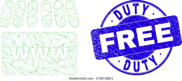 Web mesh webshop icon and Duty Free seal stamp. Blue vector round distress seal stamp with Duty Free title. Abstract carcass mesh polygonal model created from webshop icon.