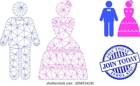 Web mesh wedding pair vector icon, and blue round JOIN TODAY unclean stamp seal. JOIN TODAY stamp seal uses round template and blue color. Flat 2d carcass created from wedding pair icon.