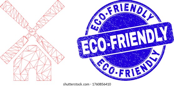 Web mesh windmill pictogram and Eco-Friendly seal. Blue vector round distress seal stamp with Eco-Friendly phrase. Abstract carcass mesh polygonal model created from windmill pictogram.