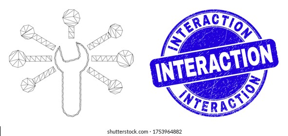 Web mesh wrench links icon and Interaction stamp. Blue vector round distress stamp with Interaction title. Abstract frame mesh polygonal model created from wrench links icon.