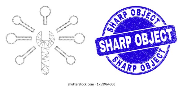 Web mesh wrench links icon and Sharp Object seal stamp. Blue vector round grunge seal stamp with Sharp Object caption. Abstract frame mesh polygonal model created from wrench links icon.