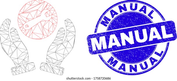 Web mesh wrench repair hands pictogram and Manual seal stamp. Blue vector round textured watermark with Manual caption. Abstract frame mesh polygonal model created from wrench repair hands pictogram.