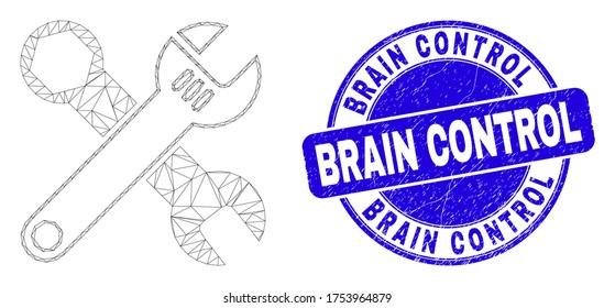 Icono de la malla Web y sello de sello de sello de control de cerebro. Sello de sello texturizado de vector azul con frase de control cerebral. Resumen del modelo poligonal de malla de marco creado a partir del icono de las llaves.