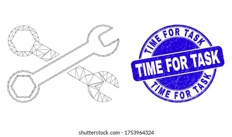 Web mesh wrenches icon and Time for Task seal stamp. Blue vector rounded textured seal stamp with Time for Task phrase. Abstract frame mesh polygonal model created from wrenches pictogram.