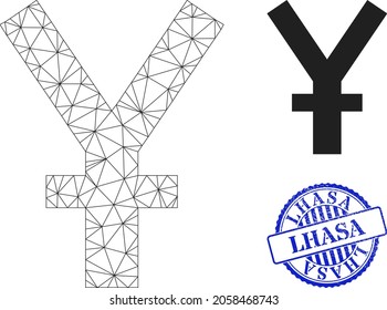 Web mesh yuan currency vector icon, and blue round LHASA corroded stamp. LHASA stamp seal uses round form and blue color. Flat 2d carcass created from yuan currency icon.