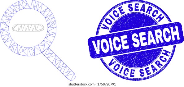 Web mesh zoom out icon and Voice Search watermark. Blue vector rounded scratched seal stamp with Voice Search text. Abstract frame mesh polygonal model created from zoom out icon.