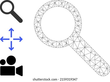Icono vectorial de zoom de malla web e iconos adicionales. Cáscaras planas de 2d creadas a partir del pictograma de zoom. Zoom poligonal de malla de cuadro abstracto. Malla plana del marco de alambre en formato vectorial, sobre un fondo blanco.