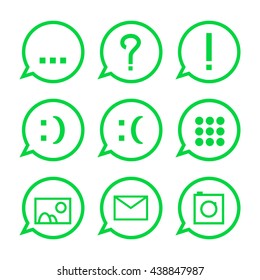 Web messenger conversation icon set. Set of vector icons for social media messenger. Message icon with question mark, explanation mark, smile, email, picture and photo. Set of green chat icons image.