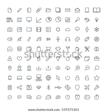 Web minimalistic universal thin line 100 icon set on white background