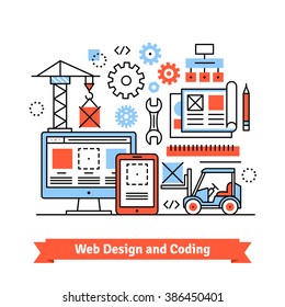 Web and mobile app designing and coding concept. Flat style line art illustration. 