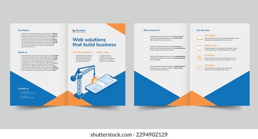 Web And Mobile App Development bifold brochure template. A clean, modern, and high-quality design bifold brochure vector design. Editable and customize template brochure