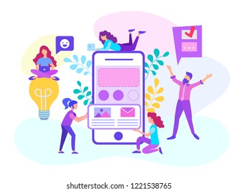 Web mobile app development concept. Web designers are working on development a mobile application. Vector illustration for web design, blogging, social media.
