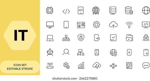 Iconos de TI de Web y App móvil establecidos en estilo de línea: tecnología de la información, programación, red, servidor, datos, Internet, dispositivos, Sitio web, progreso tecnológico, Ilustración vectorial y más.
