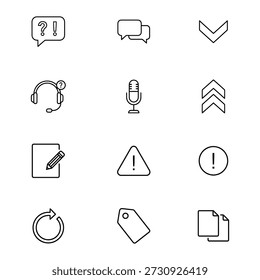 Web and mobile app line icon collection. Thin outline symbols for UI design, including microphone, alert, and arrows