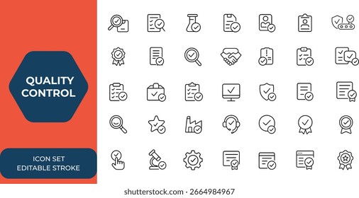 Ícones de controle de qualidade de aplicativos móveis e da Web definidos no estilo de linha. Inclui inspeção, teste, avaliação, produção, garantia de qualidade, certificado e símbolos de computação, e muito mais.