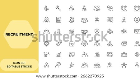 Web and mobile app recruitment icon set in line style. Career, headhunting, hiring, candidate, resume, HR, business, and job icons. Modern vector illustration, talent acquisition and more.